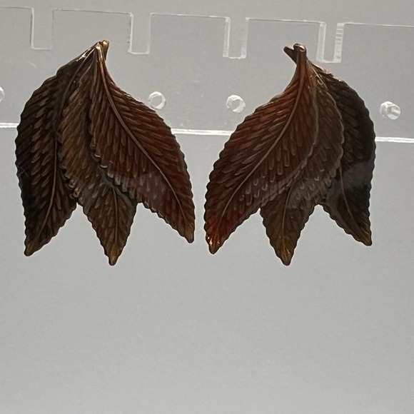 Metal Enamel Leaf Post Earrings Neutral Fall Autumn Colors - Picture 3 of 6